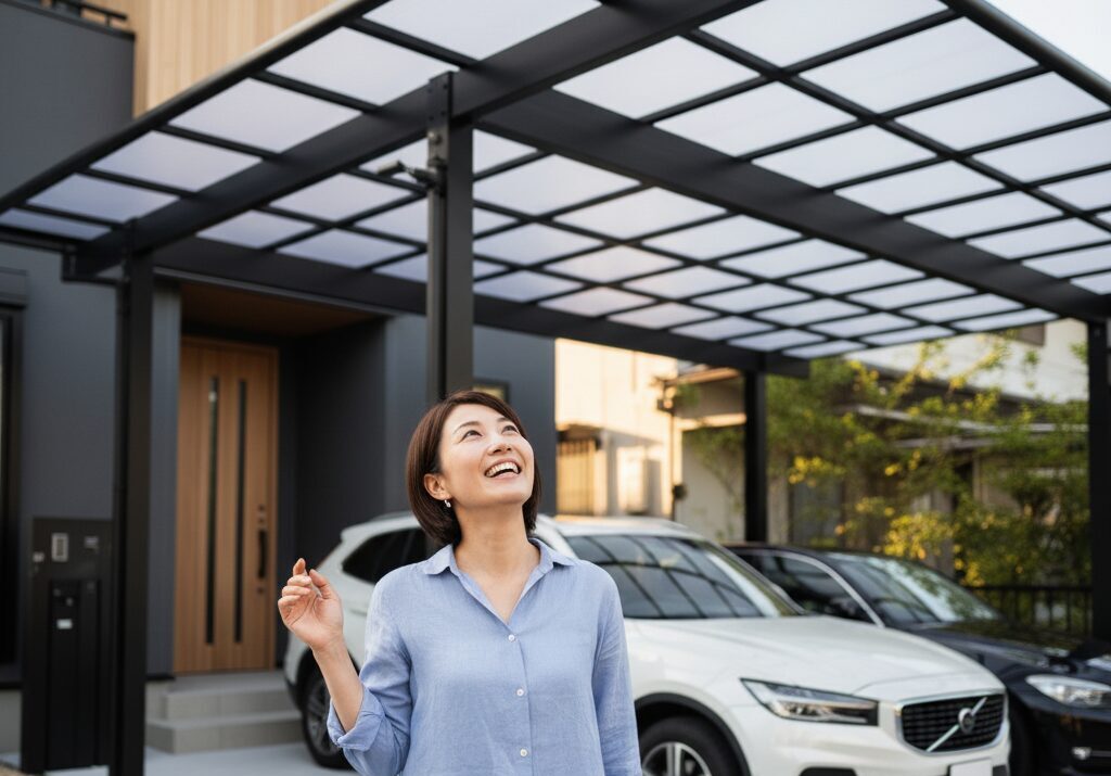 パネルを見上げる女性